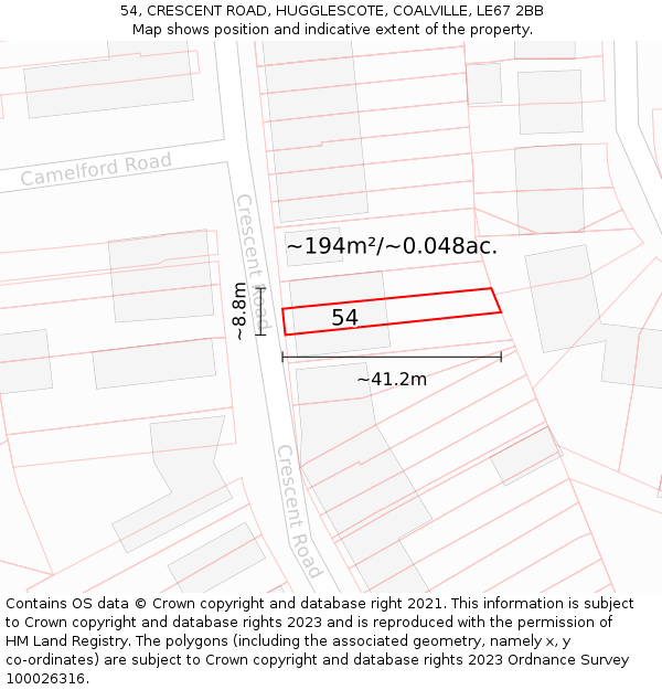 54, CRESCENT ROAD, HUGGLESCOTE, COALVILLE, LE67 2BB: Plot and title map