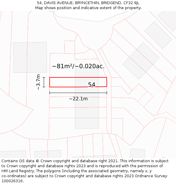 54, DAVIS AVENUE, BRYNCETHIN, BRIDGEND, CF32 9JL: Plot and title map