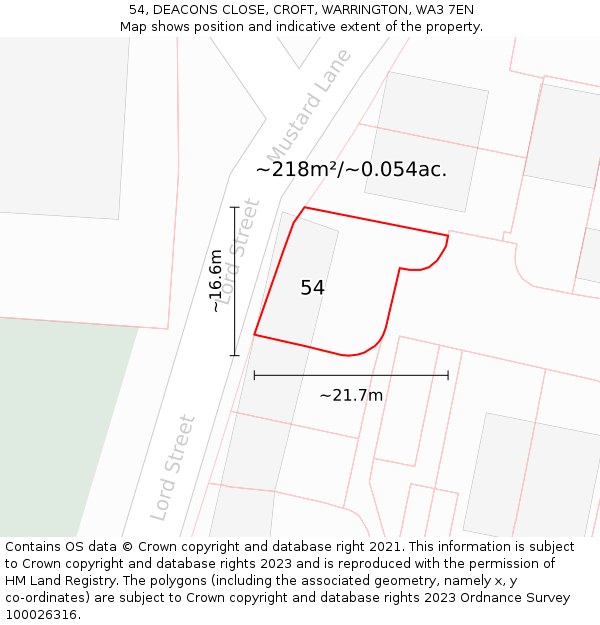 54, DEACONS CLOSE, CROFT, WARRINGTON, WA3 7EN: Plot and title map