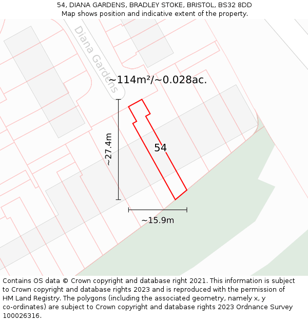 54, DIANA GARDENS, BRADLEY STOKE, BRISTOL, BS32 8DD: Plot and title map
