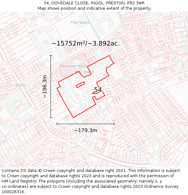 54, DOVEDALE CLOSE, INGOL, PRESTON, PR2 3WR: Plot and title map