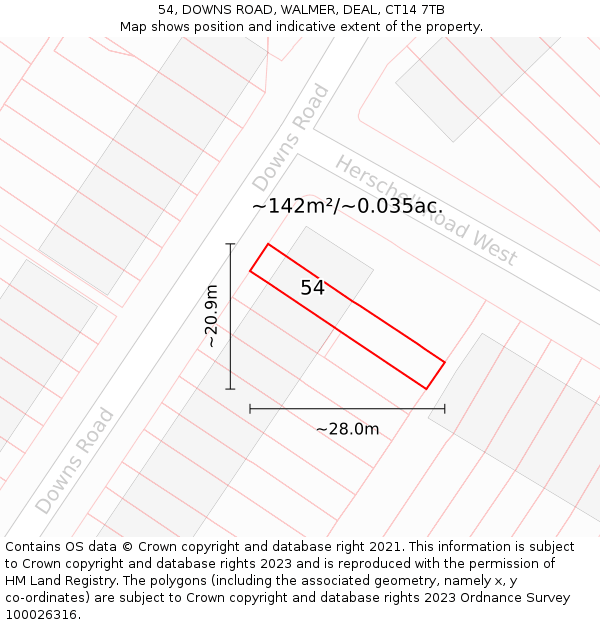 54, DOWNS ROAD, WALMER, DEAL, CT14 7TB: Plot and title map