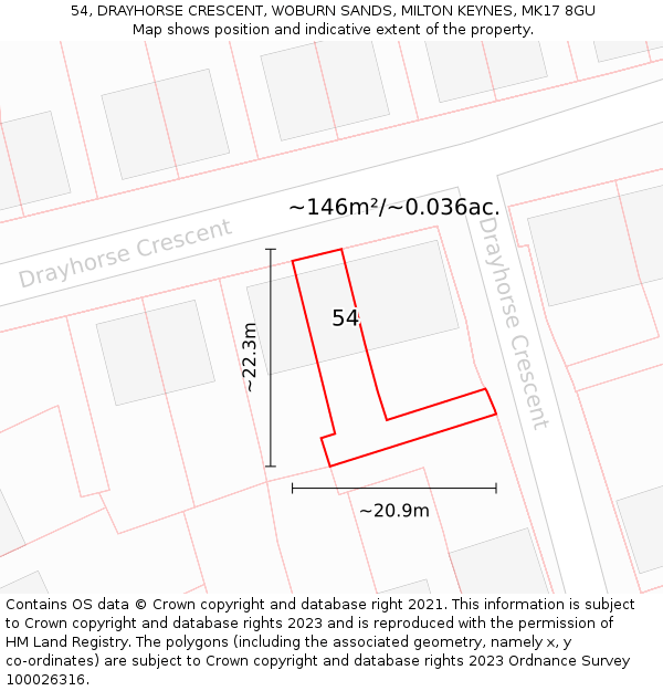 54, DRAYHORSE CRESCENT, WOBURN SANDS, MILTON KEYNES, MK17 8GU: Plot and title map