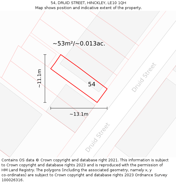 54, DRUID STREET, HINCKLEY, LE10 1QH: Plot and title map