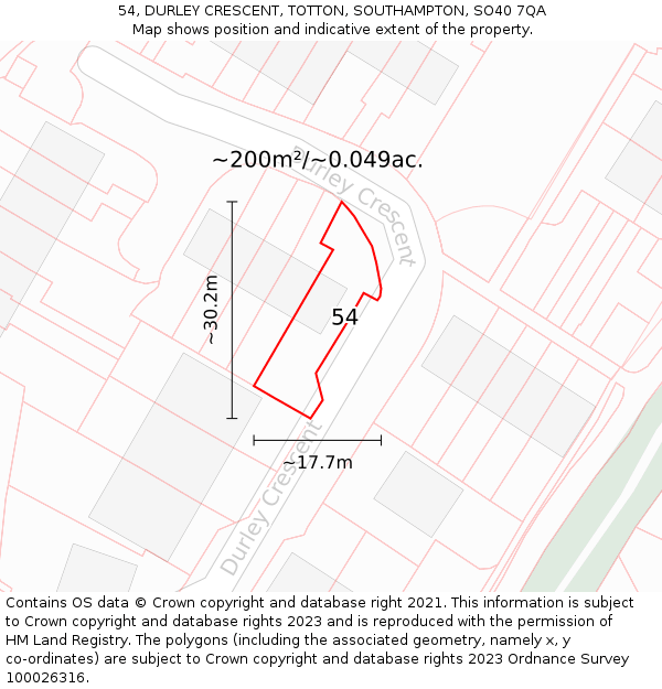 54, DURLEY CRESCENT, TOTTON, SOUTHAMPTON, SO40 7QA: Plot and title map