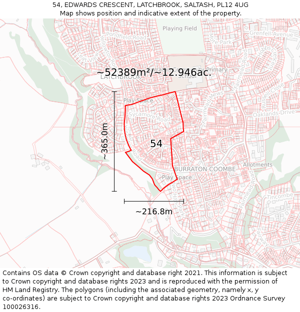 54, EDWARDS CRESCENT, LATCHBROOK, SALTASH, PL12 4UG: Plot and title map
