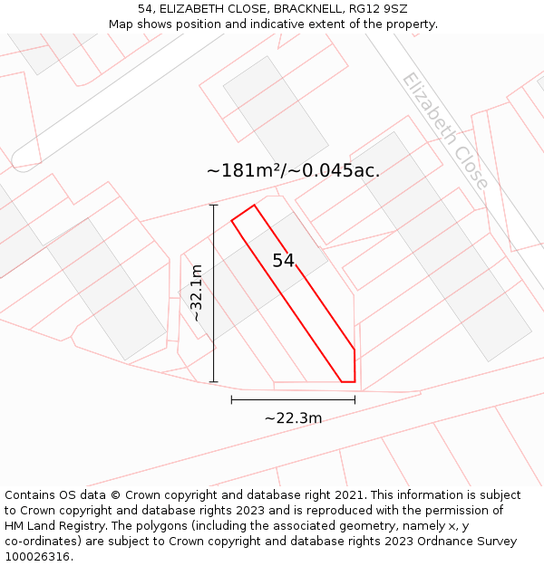 54, ELIZABETH CLOSE, BRACKNELL, RG12 9SZ: Plot and title map