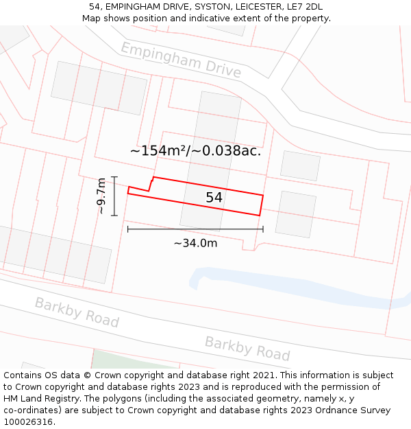54, EMPINGHAM DRIVE, SYSTON, LEICESTER, LE7 2DL: Plot and title map