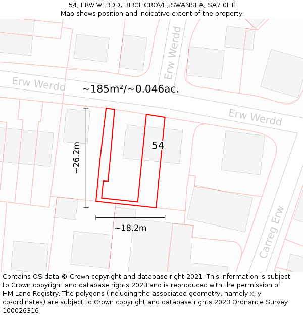 54, ERW WERDD, BIRCHGROVE, SWANSEA, SA7 0HF: Plot and title map