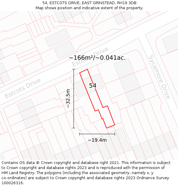 54, ESTCOTS DRIVE, EAST GRINSTEAD, RH19 3DB: Plot and title map