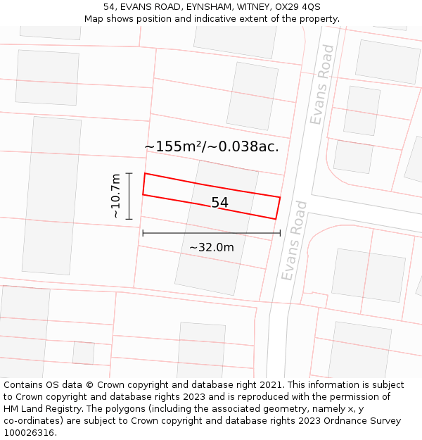 54, EVANS ROAD, EYNSHAM, WITNEY, OX29 4QS: Plot and title map