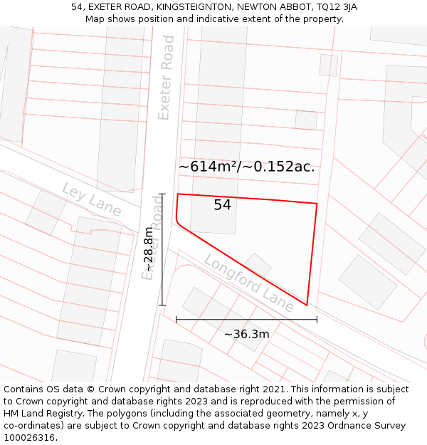 54, EXETER ROAD, KINGSTEIGNTON, NEWTON ABBOT, TQ12 3JA: Plot and title map