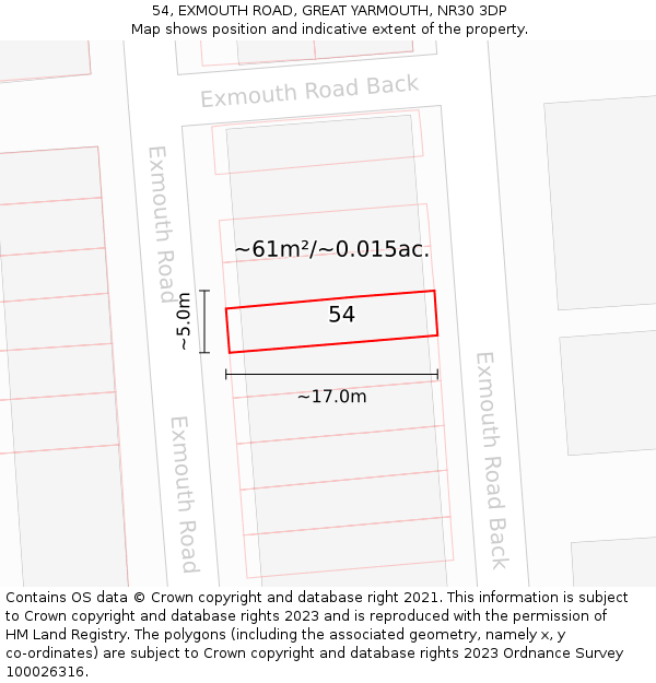 54, EXMOUTH ROAD, GREAT YARMOUTH, NR30 3DP: Plot and title map