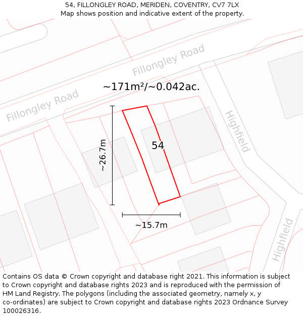 54, FILLONGLEY ROAD, MERIDEN, COVENTRY, CV7 7LX: Plot and title map