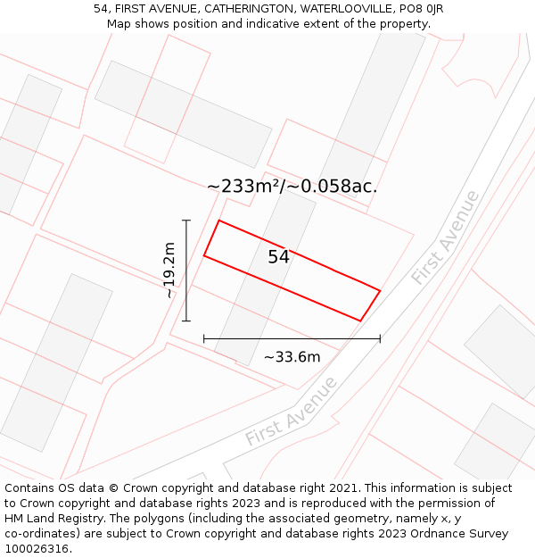54, FIRST AVENUE, CATHERINGTON, WATERLOOVILLE, PO8 0JR: Plot and title map