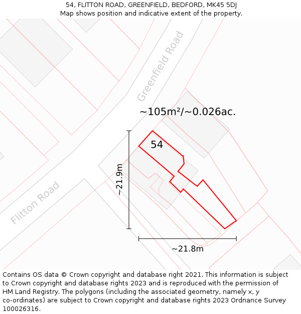 54, FLITTON ROAD, GREENFIELD, BEDFORD, MK45 5DJ: Plot and title map