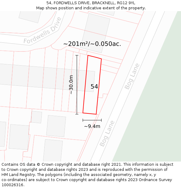 54, FORDWELLS DRIVE, BRACKNELL, RG12 9YL: Plot and title map