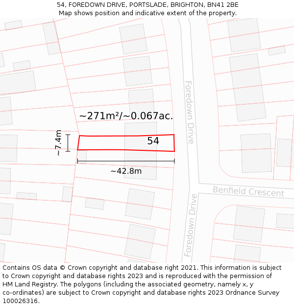 54, FOREDOWN DRIVE, PORTSLADE, BRIGHTON, BN41 2BE: Plot and title map