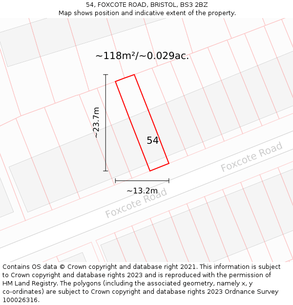 54, FOXCOTE ROAD, BRISTOL, BS3 2BZ: Plot and title map
