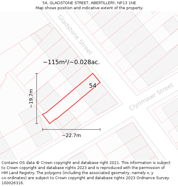 54, GLADSTONE STREET, ABERTILLERY, NP13 1NE: Plot and title map