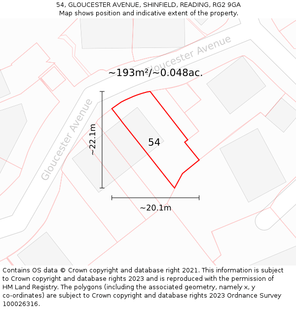 54, GLOUCESTER AVENUE, SHINFIELD, READING, RG2 9GA: Plot and title map