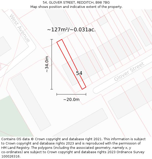 54, GLOVER STREET, REDDITCH, B98 7BG: Plot and title map