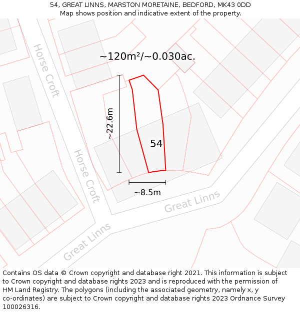 54, GREAT LINNS, MARSTON MORETAINE, BEDFORD, MK43 0DD: Plot and title map