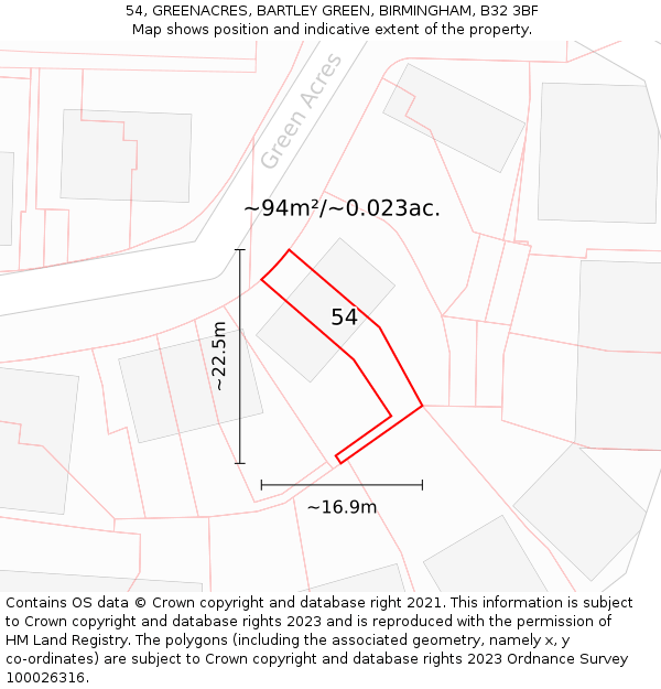 54, GREENACRES, BARTLEY GREEN, BIRMINGHAM, B32 3BF: Plot and title map