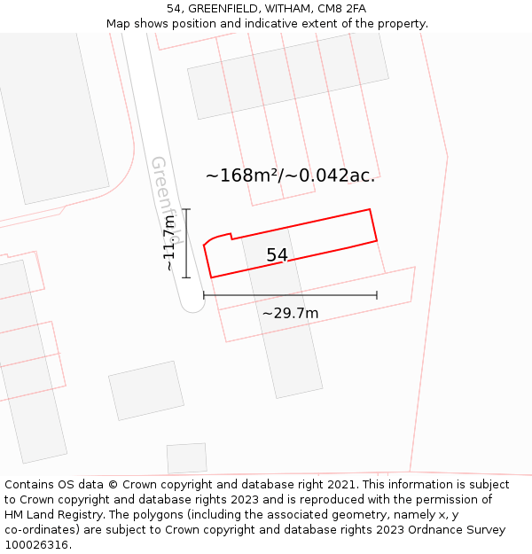 54, GREENFIELD, WITHAM, CM8 2FA: Plot and title map
