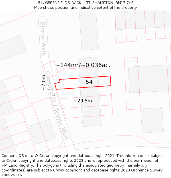 54, GREENFIELDS, WICK, LITTLEHAMPTON, BN17 7HF: Plot and title map