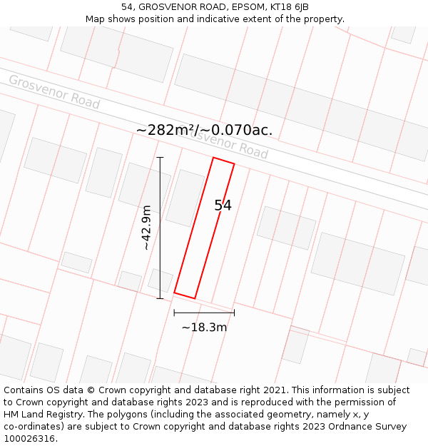54, GROSVENOR ROAD, EPSOM, KT18 6JB: Plot and title map