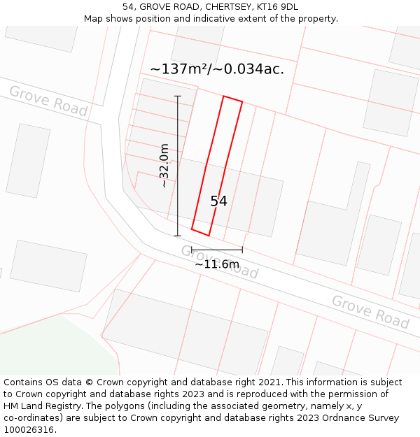 54, GROVE ROAD, CHERTSEY, KT16 9DL: Plot and title map