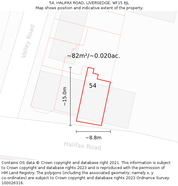 54, HALIFAX ROAD, LIVERSEDGE, WF15 6JL: Plot and title map