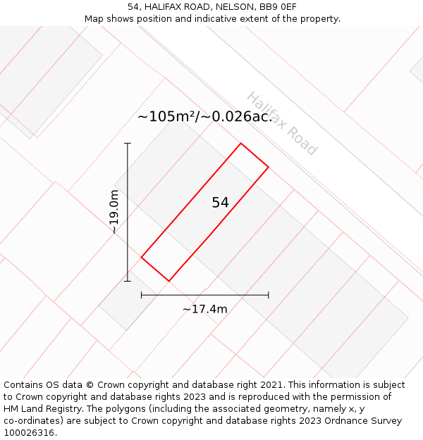 54, HALIFAX ROAD, NELSON, BB9 0EF: Plot and title map