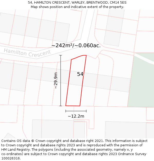 54, HAMILTON CRESCENT, WARLEY, BRENTWOOD, CM14 5ES: Plot and title map