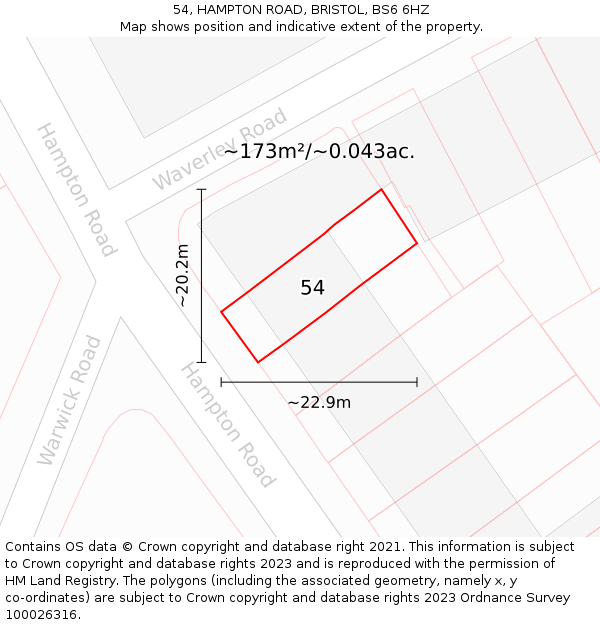54, HAMPTON ROAD, BRISTOL, BS6 6HZ: Plot and title map