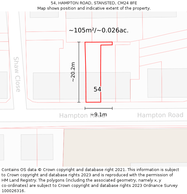 54, HAMPTON ROAD, STANSTED, CM24 8FE: Plot and title map