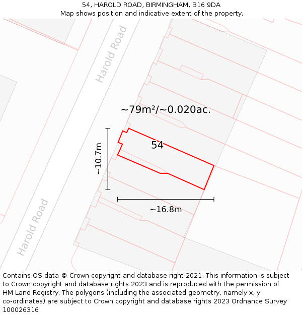 54, HAROLD ROAD, BIRMINGHAM, B16 9DA: Plot and title map