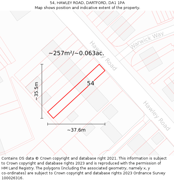 54, HAWLEY ROAD, DARTFORD, DA1 1PA: Plot and title map
