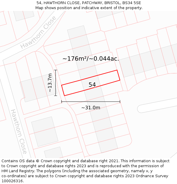 54, HAWTHORN CLOSE, PATCHWAY, BRISTOL, BS34 5SE: Plot and title map