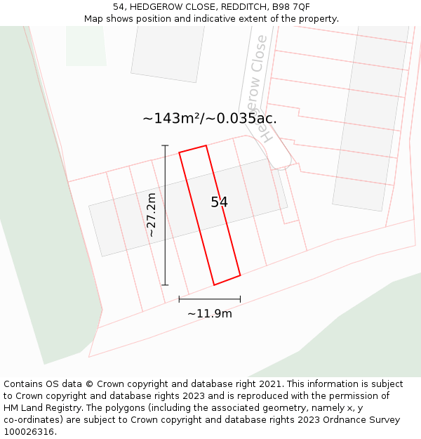 54, HEDGEROW CLOSE, REDDITCH, B98 7QF: Plot and title map