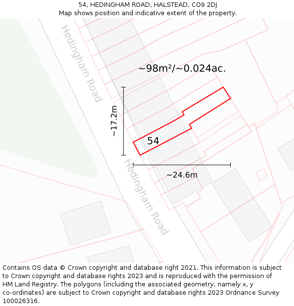 54, HEDINGHAM ROAD, HALSTEAD, CO9 2DJ: Plot and title map