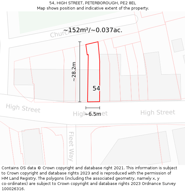 54, HIGH STREET, PETERBOROUGH, PE2 8EL: Plot and title map