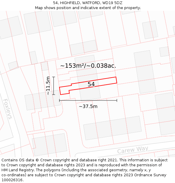 54, HIGHFIELD, WATFORD, WD19 5DZ: Plot and title map