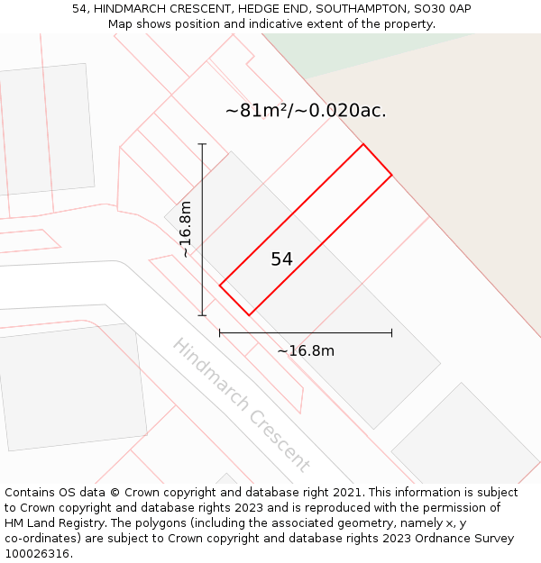 54, HINDMARCH CRESCENT, HEDGE END, SOUTHAMPTON, SO30 0AP: Plot and title map