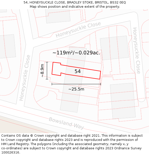 54, HONEYSUCKLE CLOSE, BRADLEY STOKE, BRISTOL, BS32 0EQ: Plot and title map