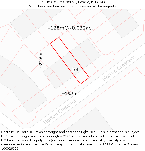 54, HORTON CRESCENT, EPSOM, KT19 8AA: Plot and title map