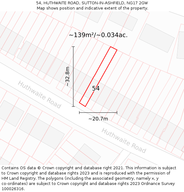 54, HUTHWAITE ROAD, SUTTON-IN-ASHFIELD, NG17 2GW: Plot and title map