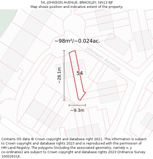 54, JOHNSON AVENUE, BRACKLEY, NN13 6JF: Plot and title map