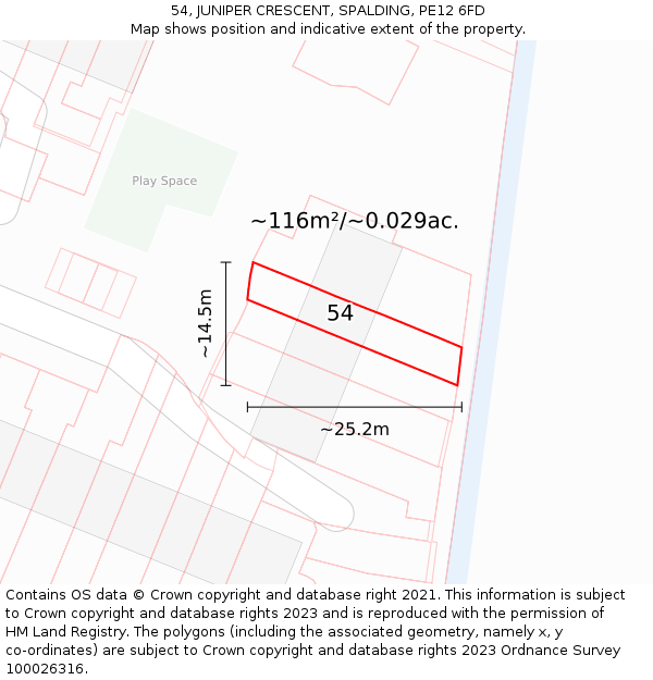 54, JUNIPER CRESCENT, SPALDING, PE12 6FD: Plot and title map